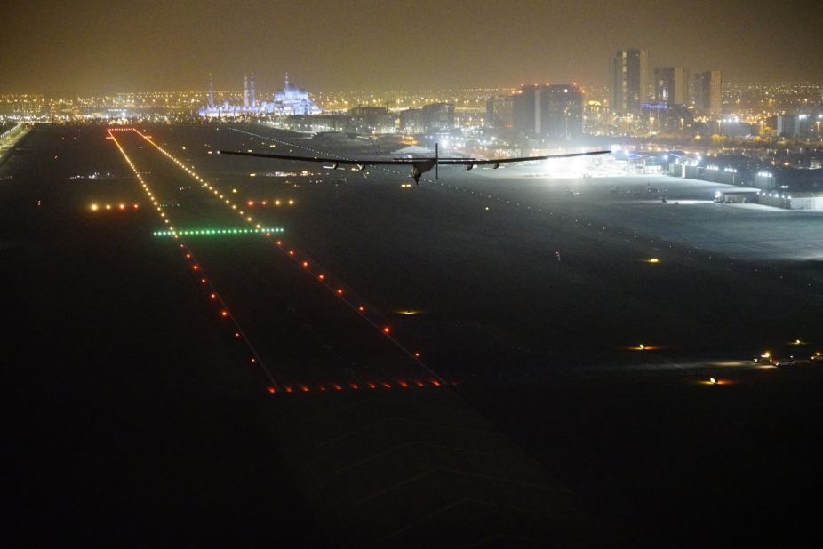 Piccard touches down the plane in Abu Dhabi, completing a journey of more than 500 flying hours in total.