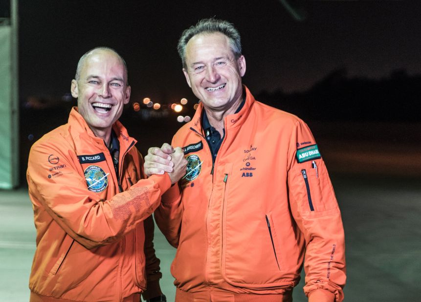 André Borschberg (right) and Bertrand Piccard piloted the first ever solar-powered plane around the world. The pair covered 43,041 kilometers and spent 23 days in the air. They made landings every few days, taking turns to fly the plane while also attending public events at governments, schools and universities.