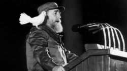This file photo taken on January 8, 1989 shows a white dove landing on Cuban president Fidel Castro's shoulder as he delivers a speech to Cuban youth at a ceremony to commemorate the 30th Anniversary of the Cuban Revolution in Havana. Cuban revolutionary icon Fidel Castro died late on November 25, 2016 in Havana,