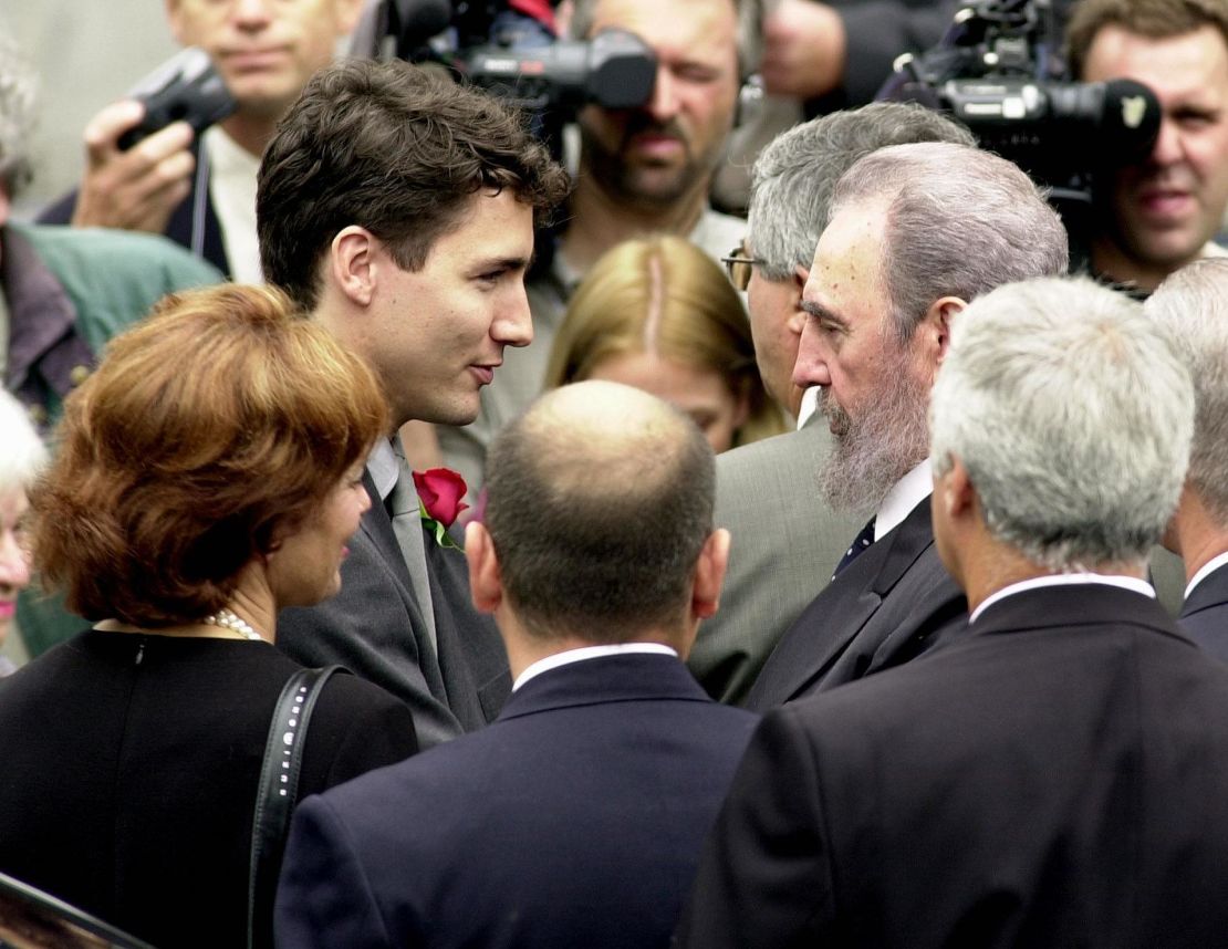 Fidel Castro greets Justin Trudeau at the former Canadian Prime Minister Pierre Trudeau's state funeral on October 3, 2000.