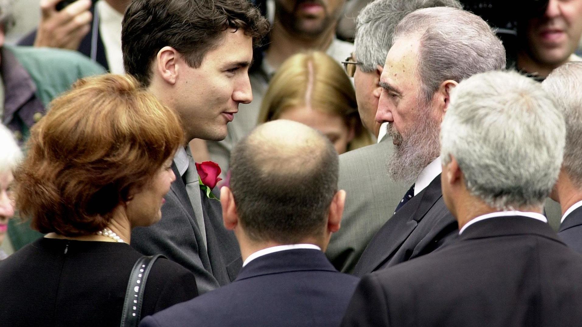 Fidel Castro greets Justin Trudeau at the former Canadian Prime Minister Pierre Trudeau's state funeral on October 3, 2000.