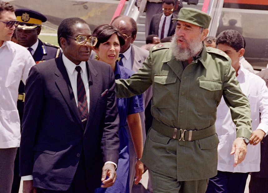 Zimbabwe's President Robert Mugabe is greeted by Castro in Havana, Cuba on 08 June 1992 