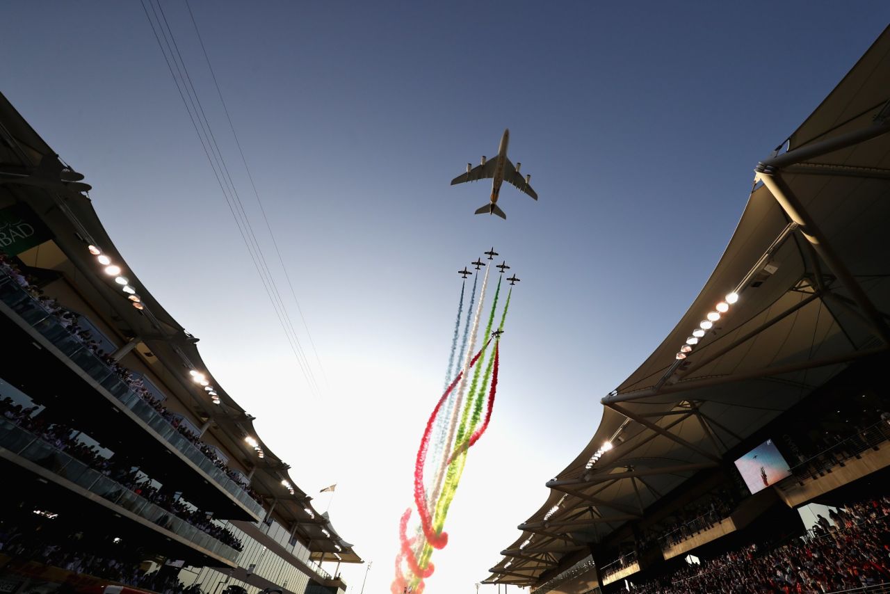 An air display over the grid before the Abu Dhabi Formula One Grand Prix at Yas Marina Circuit.