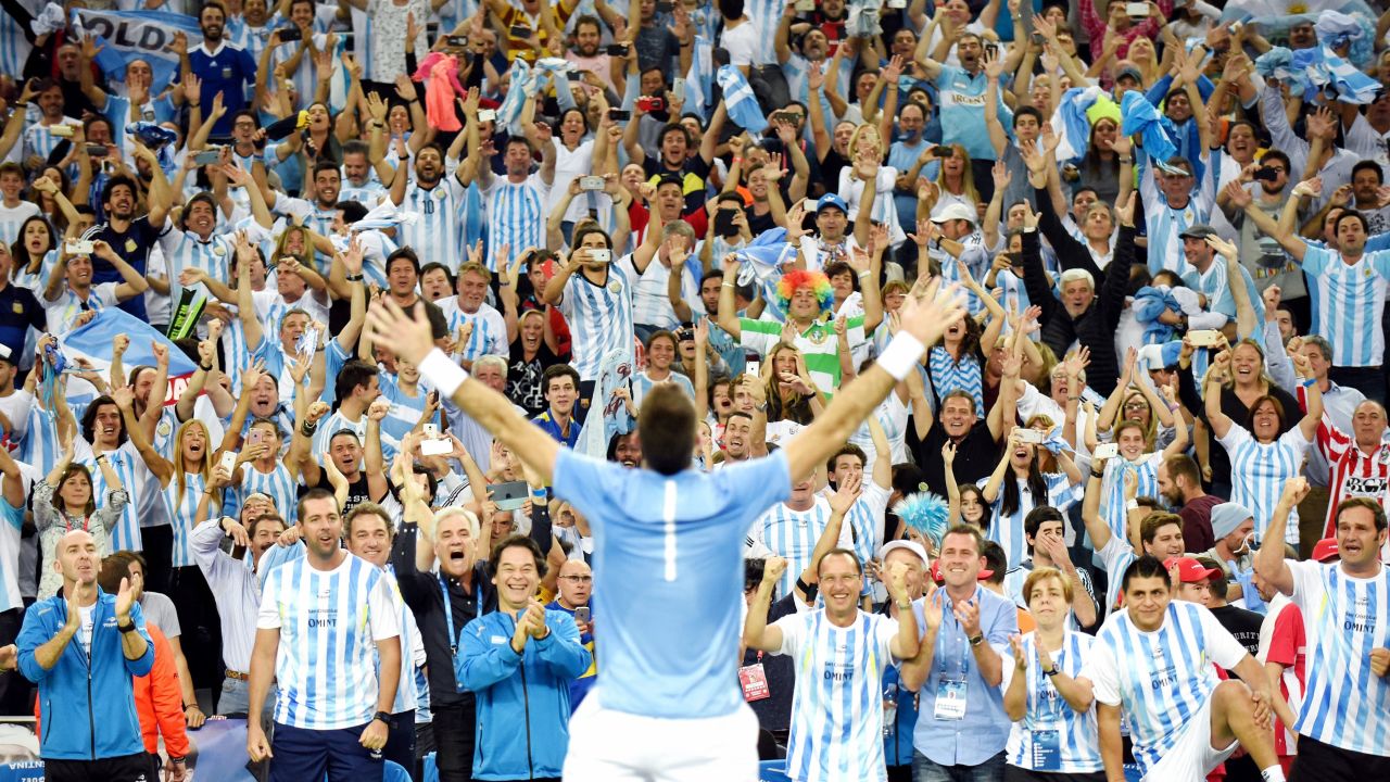 Argentina's Juan Martin del Potro celebrates winning his singles match against Croatia's Marin Cilic. 