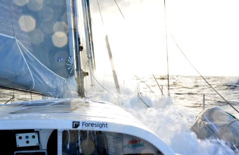 Water rushes onto the deck as Colman -- who has already completed two round-the-world races in his sailing career -- steers his yacht into choppy waters.