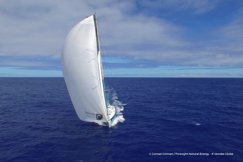 An image taken by drone shows Foresight Natural Energy, Conrad Colman's yacht in the Vendee Globe, carving through the South Atlantic in the direction of South Africa.