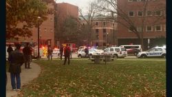 Crowds and police vehicles gathered in response to reports of an active shooter on the Ohio State campus Monday morning.