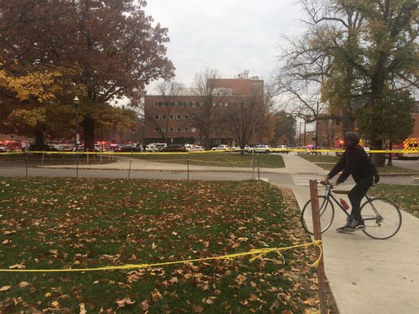 The school's student newspaper, The Lantern, tweeted several photos on campus during the chaos, which was initially reported by university officials as an active shooter incident. It's possible the gunshots heard were those of police trying to stop the attacker, a federal law enforcement official said. "Students/bystanders have been moved back from the scene toward Arps Hall," <a href="https://twitter.com/TheLantern/status/803254752523980800" target="_blank" target="_blank">The Lantern tweeted</a> with this photo of a bicyclist.