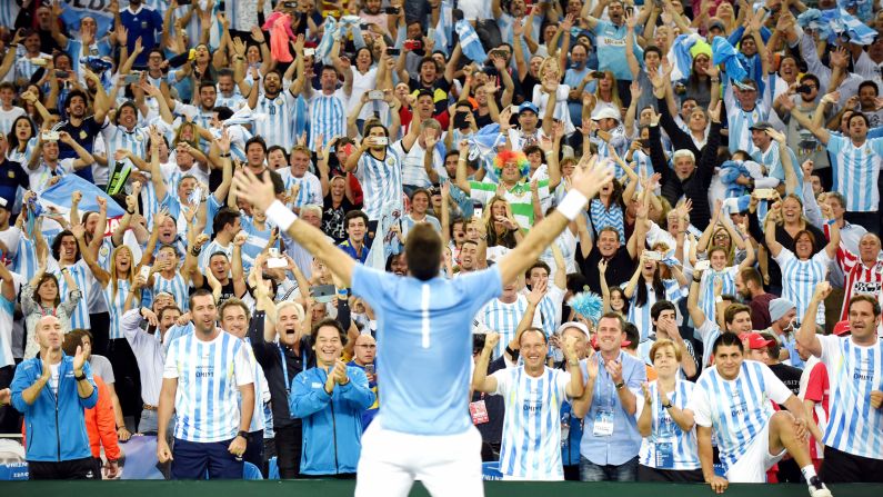 Juan Martin del Potro celebrates with Argentina fans after storming back from two sets down to win his Davis Cup singles match against Croatia's Marin Cilic on Sunday, November 27. Federico Delbonis won his singles match later in the day to give Argentina <a href="index.php?page=&url=http%3A%2F%2Fwww.cnn.com%2F2016%2F11%2F27%2Ftennis%2Fdavis-cup-tennis-argentina-croatia-sunday%2F" target="_blank">its first-ever Davis Cup title.</a>