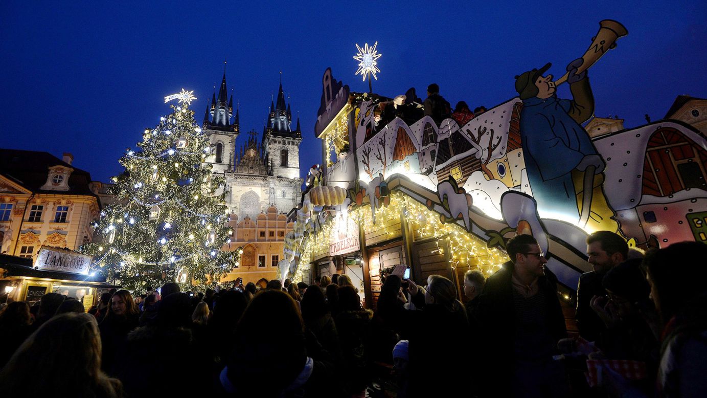 <strong>Old Town Square and Wenceslas Square, Prague (Czech Republic): </strong>Czech treats -- chiefly a klobása (Czech sausage) with a Pilsner Urquell -- help make Prague's Christmas markets special. 