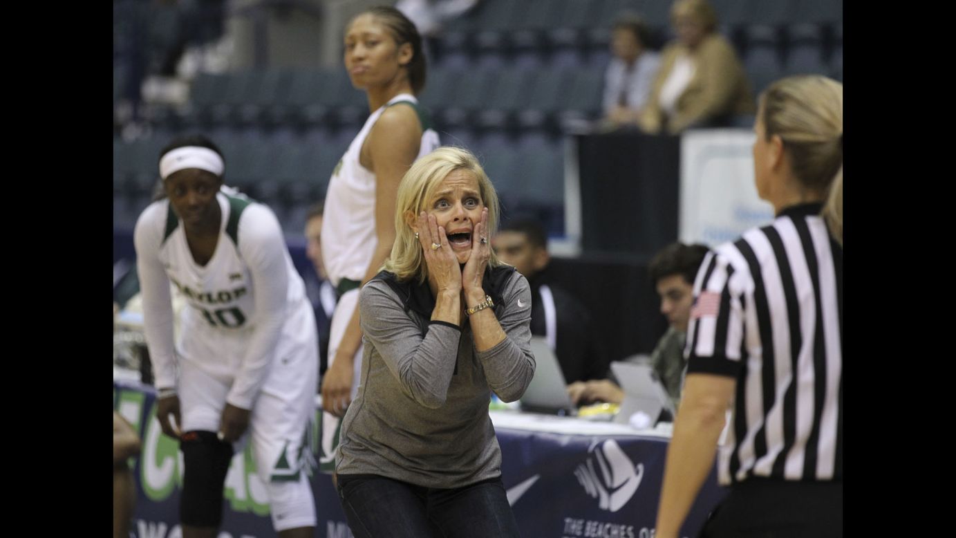 Baylor head coach Kim Mulkey reacts to a play against DePaul during the Gulf Coast Showcase, a basketball tournament in Estero, Florida, on Saturday, November 26. Baylor ended up winning the women's tournament.