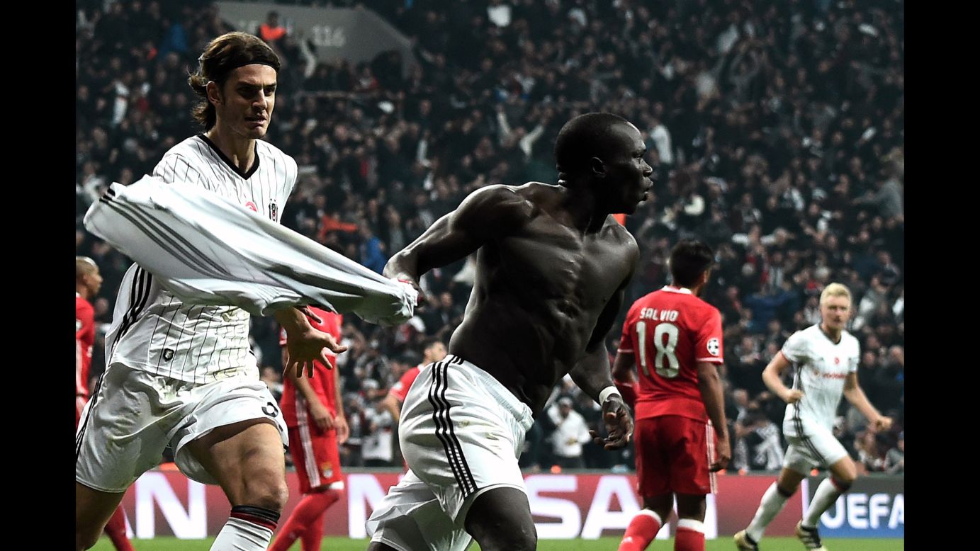 Besiktas striker Vincent Aboubakar celebrates his 89th-minute goal against Benfica during a Champions League match in Istanbul on Wednesday, November 23. Benfica led 3-0 at halftime, but the Turkish club roared back for a 3-3 draw.