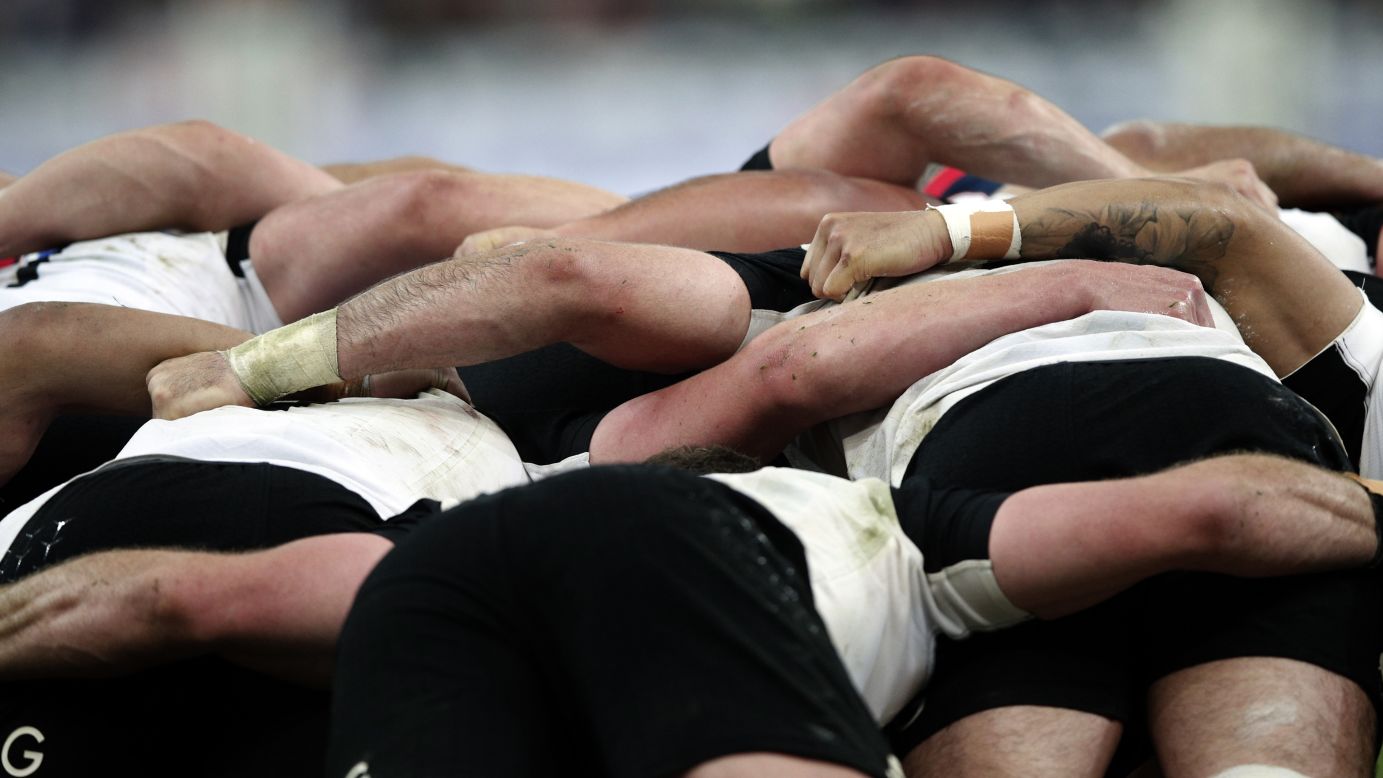 New Zealand rugby players are seen in a scrum during a match in France on Saturday, November 26.