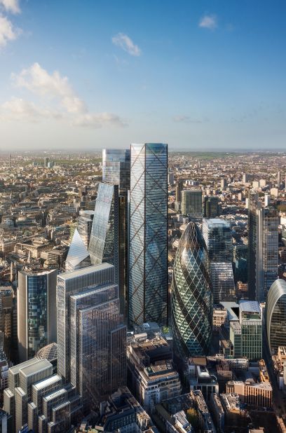 It will rise above the neighboring skyscrapers in London's financial center: more than 280 feet taller than the triangle-shaped "Cheesegrater" (left) and dome-shaped "Gherkin" (right). 