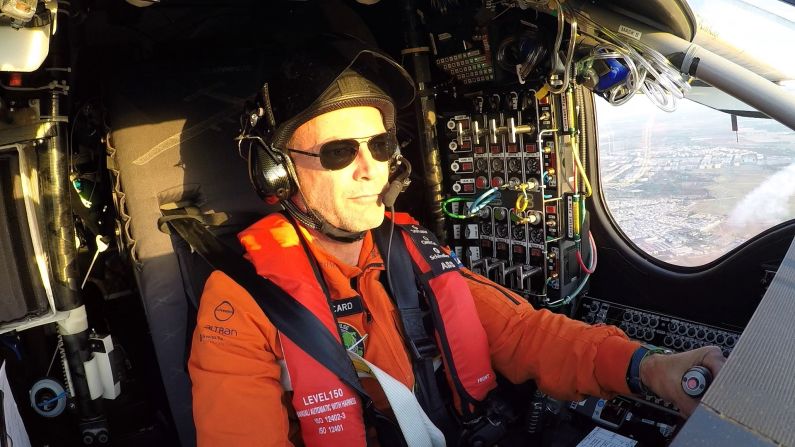 Bertrand Piccard at the controls of Solar Impulse during his recent record-breaking flight.