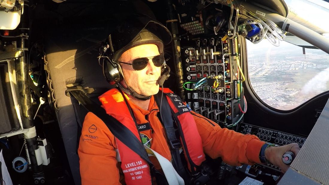 Bertrand Piccard at the controls of Solar Impulse during his recent record-breaking flight. 