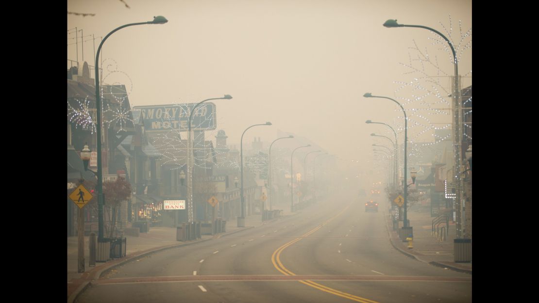 Thick smoke looms in Gatlinburg, Tennessee, on Monday November 28.