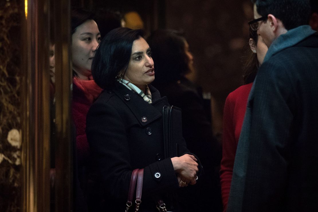 Seema Verma, president and founder of SVC Inc., gets into an elevator as she arrives at Trump Tower on November 22, 2016 in New York City. 