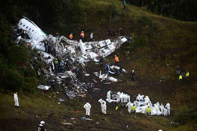A charter airplane with 77 people on board, including players from the Brazilian soccer team Chapecoense, <a href="index.php?page=&url=http%3A%2F%2Fwww.cnn.com%2F2016%2F11%2F29%2Famericas%2Fcolombia-plane-accident%2Findex.html" target="_blank">crashed near Rionegro, Colombia,</a> outside Medellin, on Monday, November 28. At least 71 people were killed, officials said. Six survived.