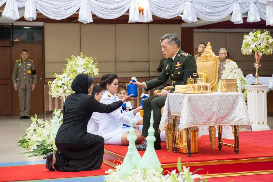 Crown Prince Maha Vajiralongkorn handing out an award for a Quran recital competition in Thailand in November.