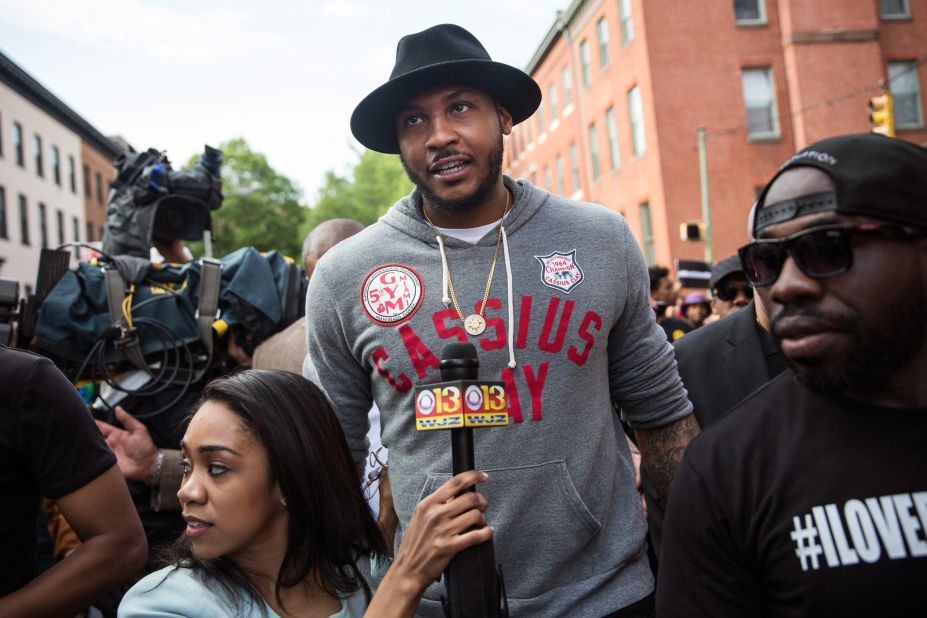 NBA star Carmelo Anthony of the New York Knicks marched with protesters in Maryland, demanding better police accountability and racial equality following the death of Freddie Gray while in police custody in April 2015.