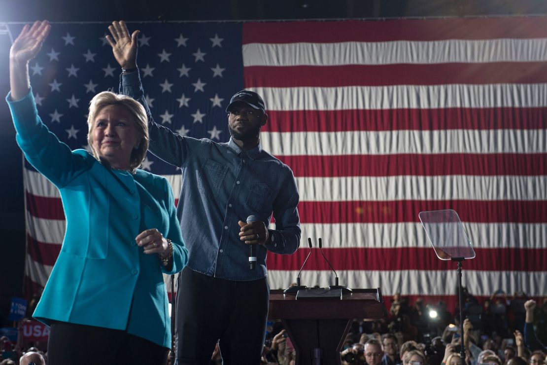 LeBron James is pictured with Hillary Clinton.