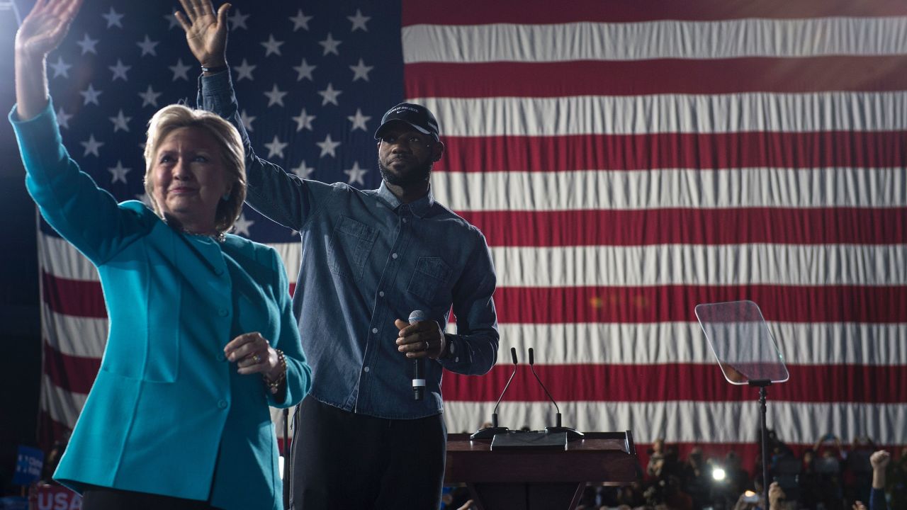 LeBron James is pictured with Hillary Clinton.