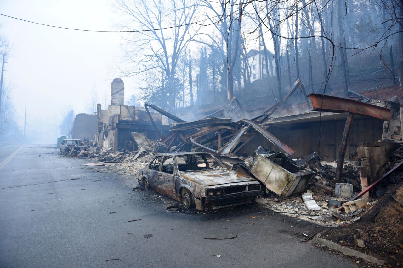 A destroyed structure and vehicle are seen near Gatlinburg on November 29. 
