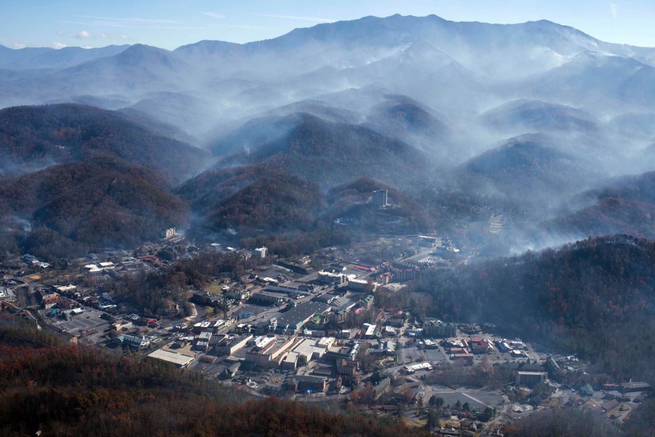 An aerial photo shows Gatlinburg, Tennessee, on Tuesday, November 29 -- a day after wildfires hit the city. Gatlinburg city officials declared mandatory evacuations in several areas as <a href="http://www.cnn.com/2016/11/28/us/southern-fires-gatlinburg-smokies/index.html" target="_blank">firefighters battled at least 14 fires </a>in and around the city. <a href="http://www.cnn.com/2016/11/14/us/southern-wildfires/" target="_blank">More than 30 large wildfires</a> have left a trail of destruction through North Carolina, South Carolina, Georgia, Tennessee, Alabama and Kentucky, according to the US Forest Service.