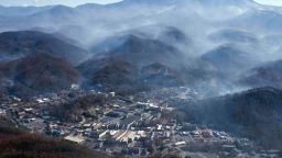 Nov 28, 2016; Gatlinburg, TN, USA;  An aerial view shows Gatlinburg the day after a wildfire hit the city. Mandatory Credit: Paul Efird/Knoxville News Sentinel via USA TODAY NETWORK *** Please Use Credit from Credit Field **
