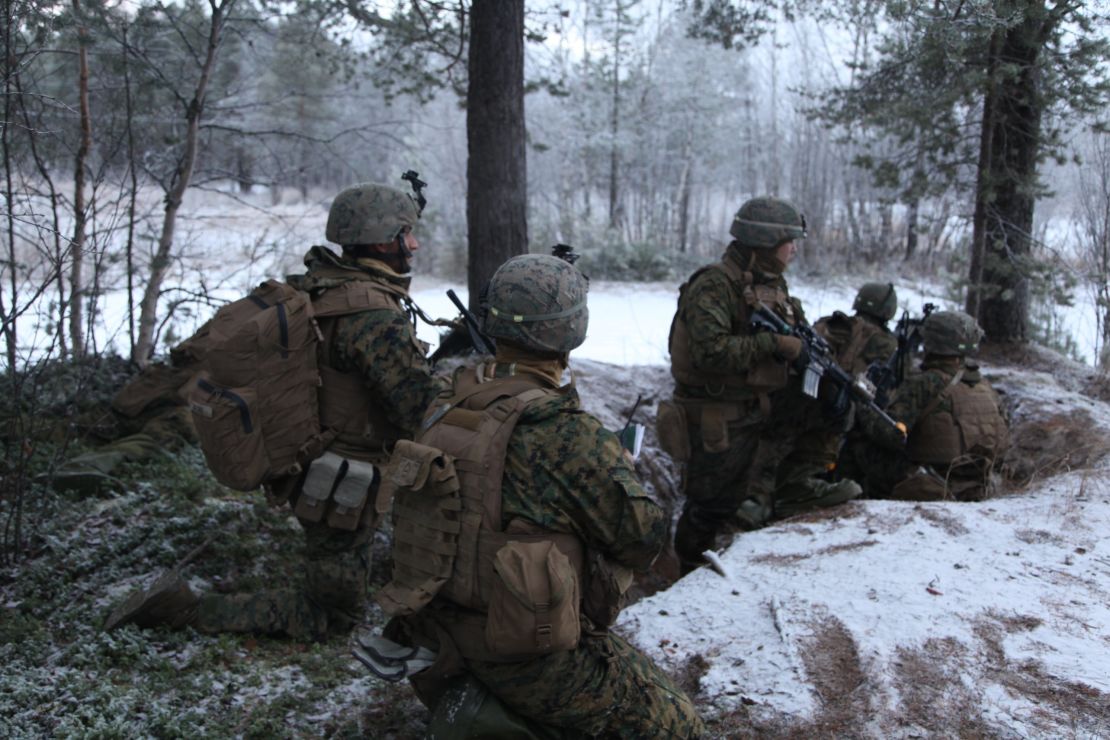 US Marines advance towards their target -- a bunker manned by Norwegian allies.