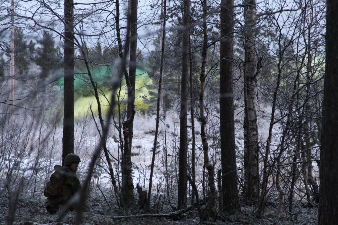 Yellow and green smoke floats through the Norwegian forest during the war games.