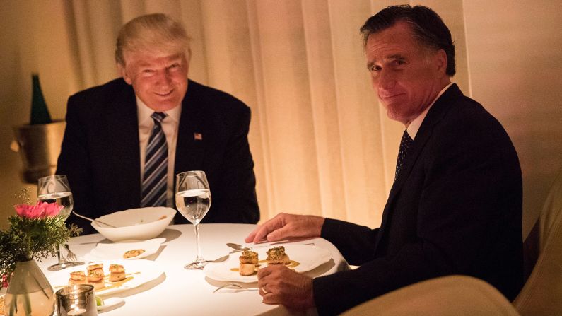 Trump and former Massachusetts Gov. Mitt Romney <a href="index.php?page=&url=http%3A%2F%2Fwww.cnn.com%2F2016%2F11%2F29%2Fpolitics%2Fdonald-trump-mitt-romney-jean-georges%2F" target="_blank">share a meal in New York</a> on Tuesday, November 29. Romney was reportedly in the running for secretary of state.