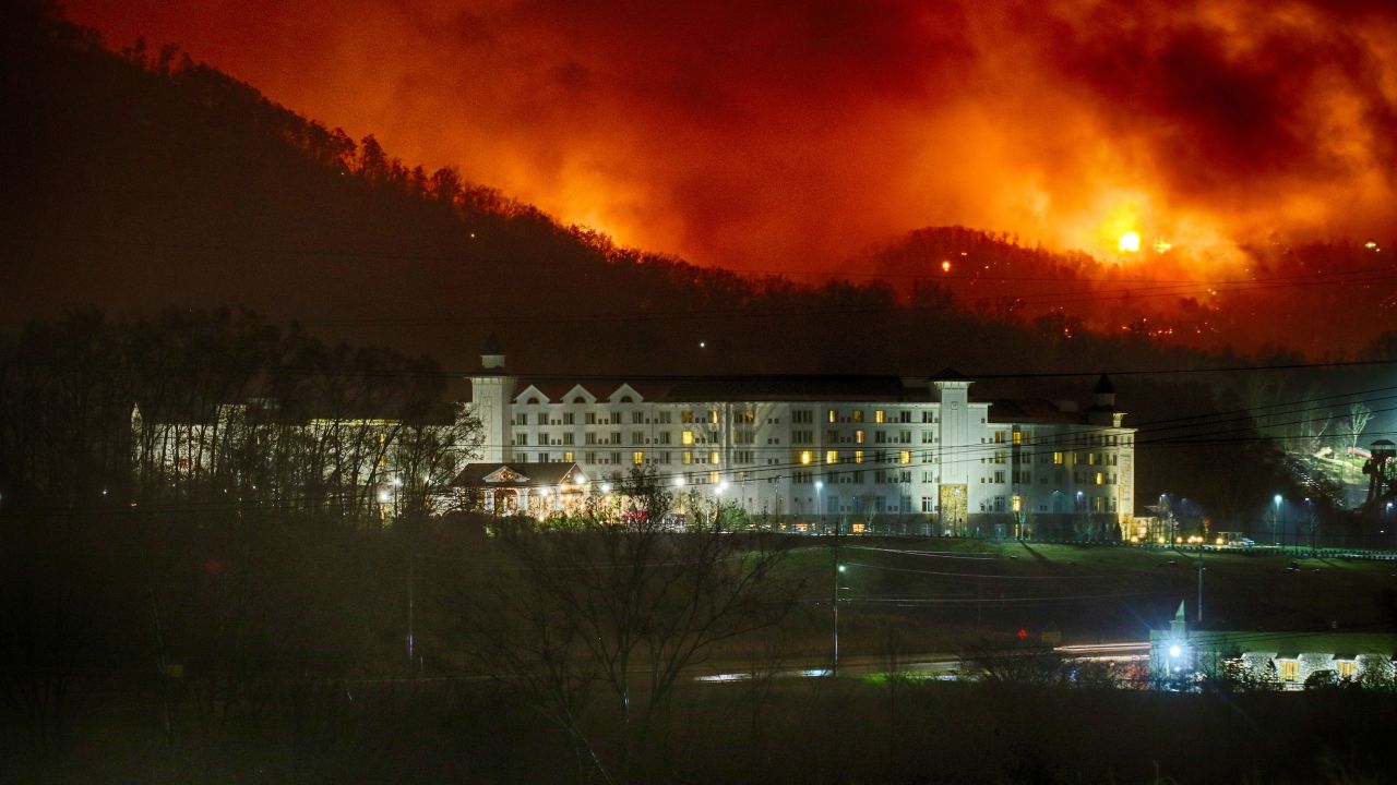 Photographer Bruce McCamish captured this image of the fires burning behind the Dollywood Dreammore Resort in Pigeon Forge, Tennessee.