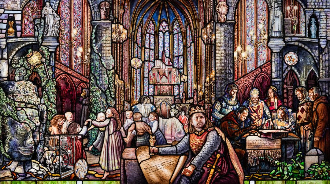 Medieval art, architecture and history feature throughout the stained glass windows