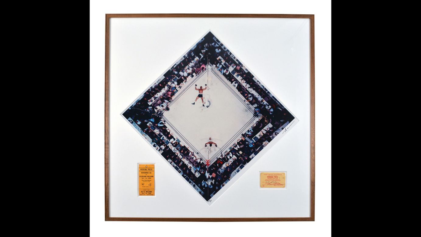 This memorable photo, taken by acclaimed sports photographer Neil Leifer, shows Muhammad Ali raising his arms after knocking out Cleveland "Big Cat" Williams in 1966. It is framed with Leifer's press pass from the fight. Leifer's personal collection, which also includes images from other great photographers, <a href="https://www.guernseys.com/v2/leifer.html" target="_blank" target="_blank">will be on auction</a> December 2-3 in New York. "This is my favorite photograph," Leifer told CNN's Lawrence Crook III. "It's the only picture I've taken ever in my life that, when I look at it even 50 years later ... there isn't a single thing I would change."