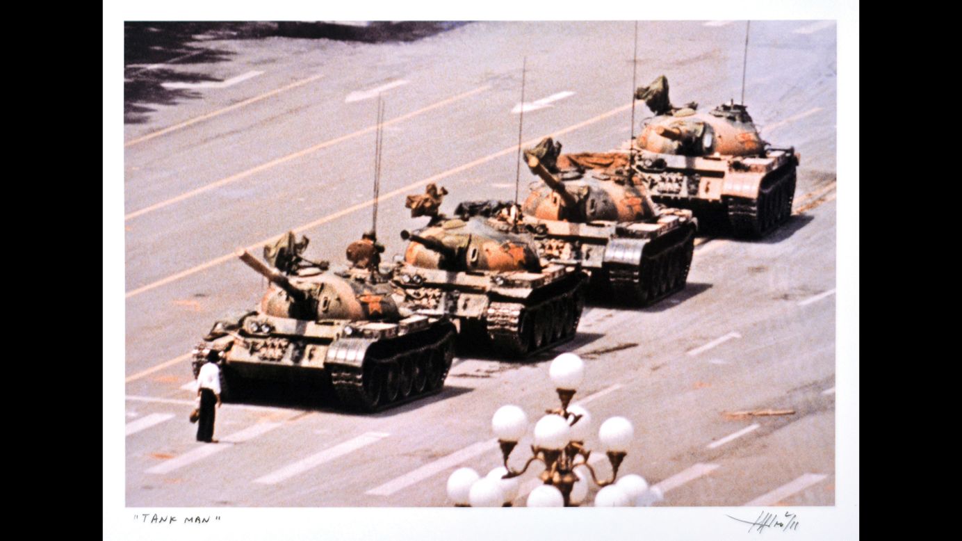 A protester in Tiananmen Square stands in front of a column of Chinese tanks in 1989. The photo was taken by Jeff Widener. "I never met Widener before," Leifer said. "I found his email address and we talked a bit. At some point, he came to New York and I said I would love to get together. We had a drink and swapped prints. I wanted Pulitzer Prize winners in my collection; this photo was a finalist in 1990."