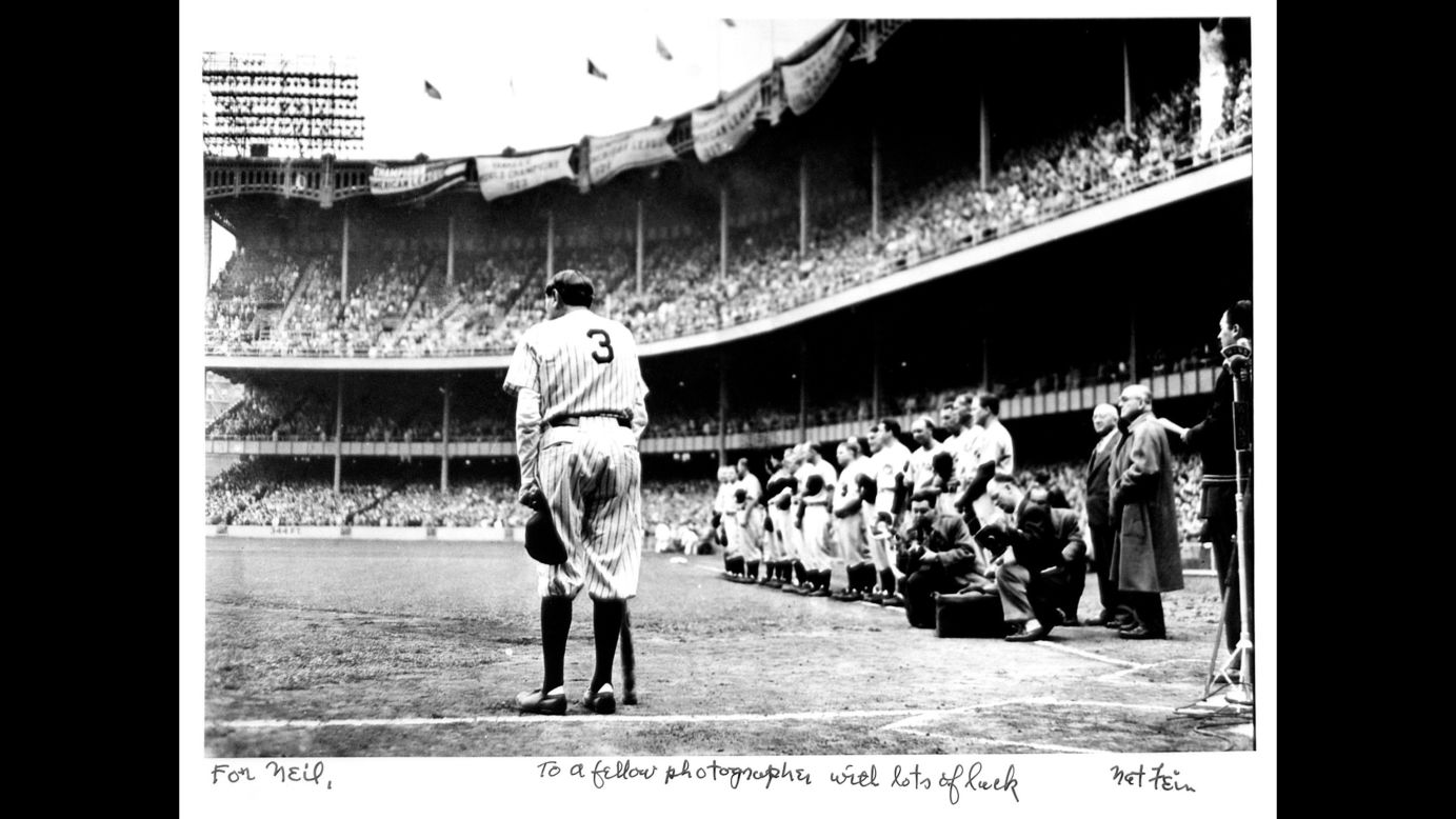 Nat Fein won a Pulitzer Prize for this image of baseball legend Babe Ruth visiting Yankee Stadium for the last time in 1948.