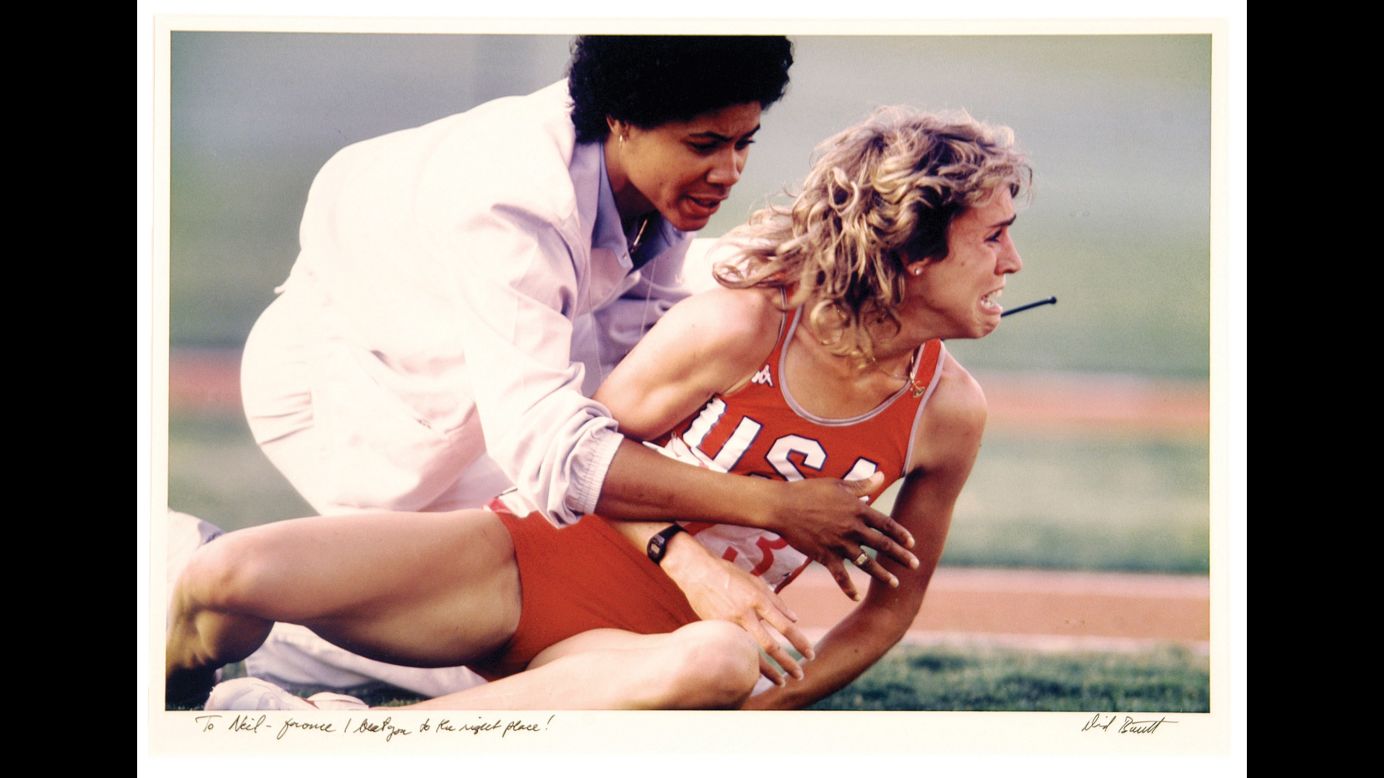 US athlete Mary Decker is distraught after falling during a race in the 1984 Olympics. Photographer David Burnett dedicated this print to Leifer with the inscription, "To Neil -- For once I beat you to the right place!"