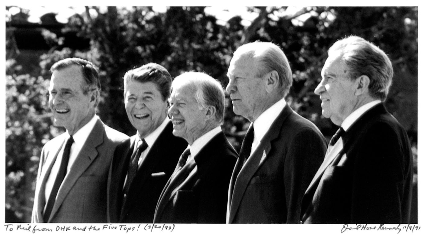 Five US presidents are seen at the opening of the Ronald Reagan Presidential Library in 1991. From left are US Presidents George H.W. Bush, Ronald Reagan, Jimmy Carter, Gerald Ford and Richard Nixon. The photo was taken by David Hume Kennerly.