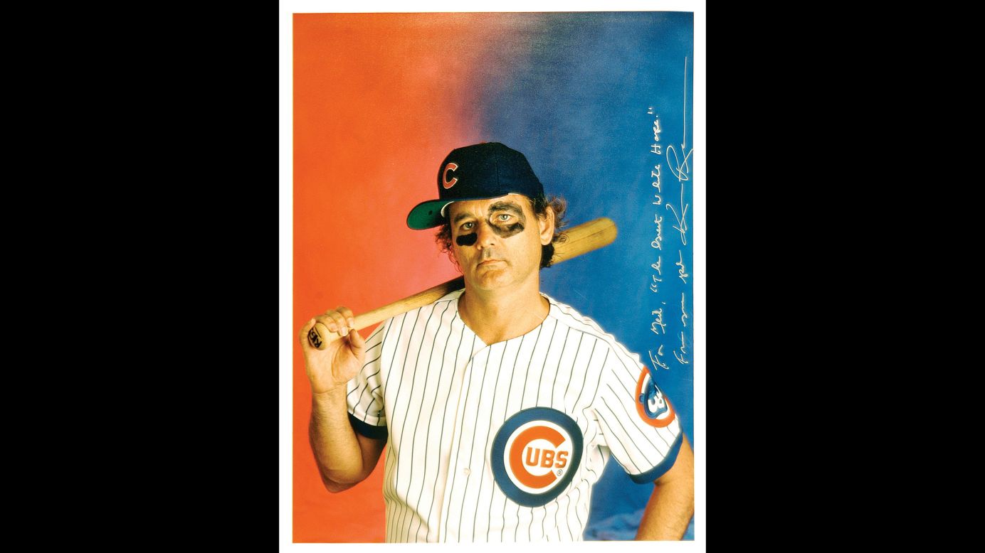 Actor Bill Murray wears a Chicago Cubs uniform in this Ken Regan photo from 1996. Regan's inscription is a reference to Leifer's short film "The Great White Hype."