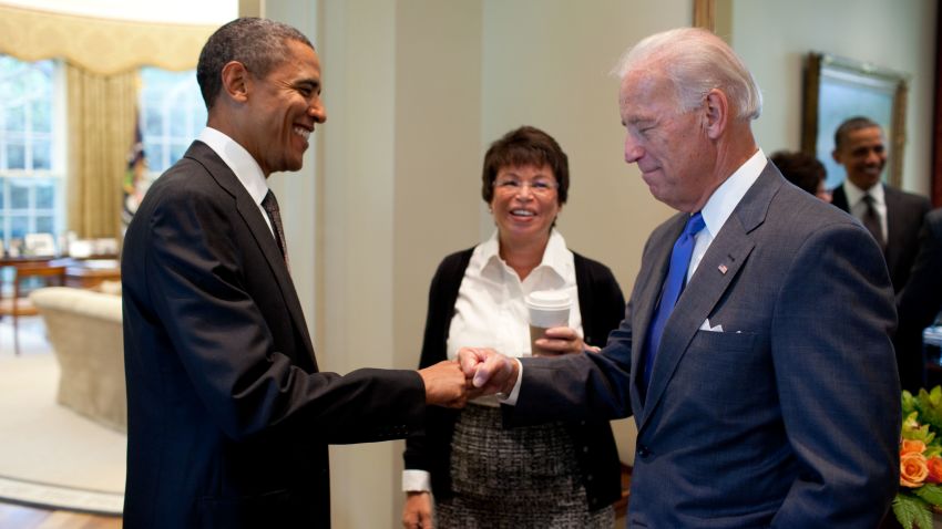 President Barack Obama fist-bumps Vice President Joe Biden, as Senior Advisor Valerie Jarrett looks on, before a meeting in the Oval Office, Sept. 16, 2010. (Official White House Photo by Pete Souza)

This official White House photograph is being made available only for publication by news organizations and/or for personal use printing by the subject(s) of the photograph. The photograph may not be manipulated in any way and may not be used in commercial or political materials, advertisements, emails, products, promotions that in any way suggests approval or endorsement of the President, the First Family, or the White House.