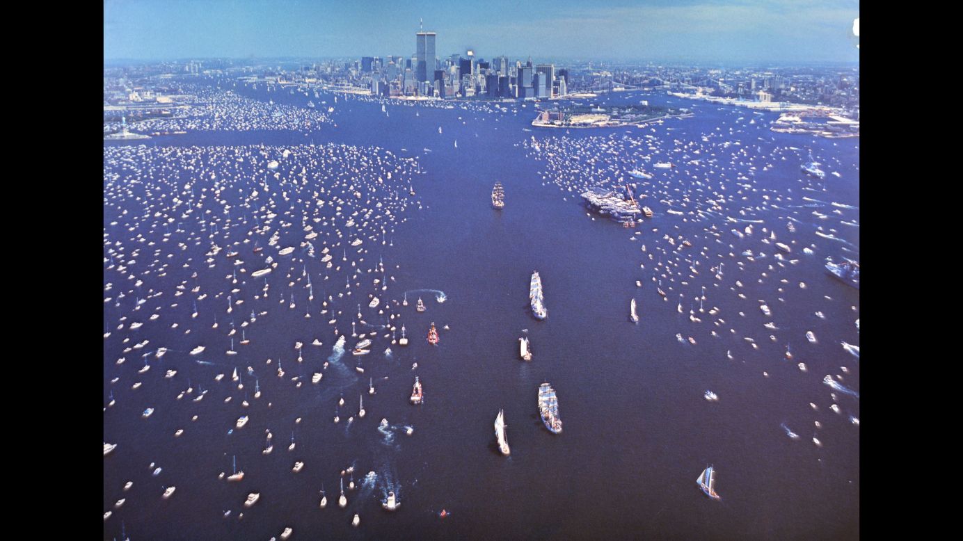 Operation Sail takes place in the New York Harbor in 1986. "Everyone covered the refurbishing of the Statue of Liberty," Leifer remembered. "One of the most beautiful places to photograph the Op Sail was obviously from the air, and Time magazine was given the opportunity to go up, basically as a pool situation, in the chopper. I spent all day up above the Sail. I was lucky enough to be able to do it."