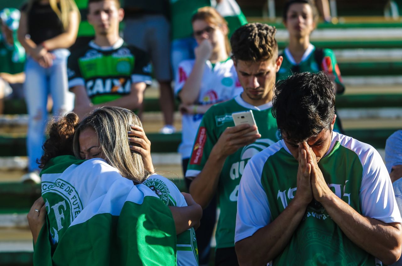 Chapecoense supporters take part in a vigil at the team's stadium in Chapeco on Tuesday, November 29.