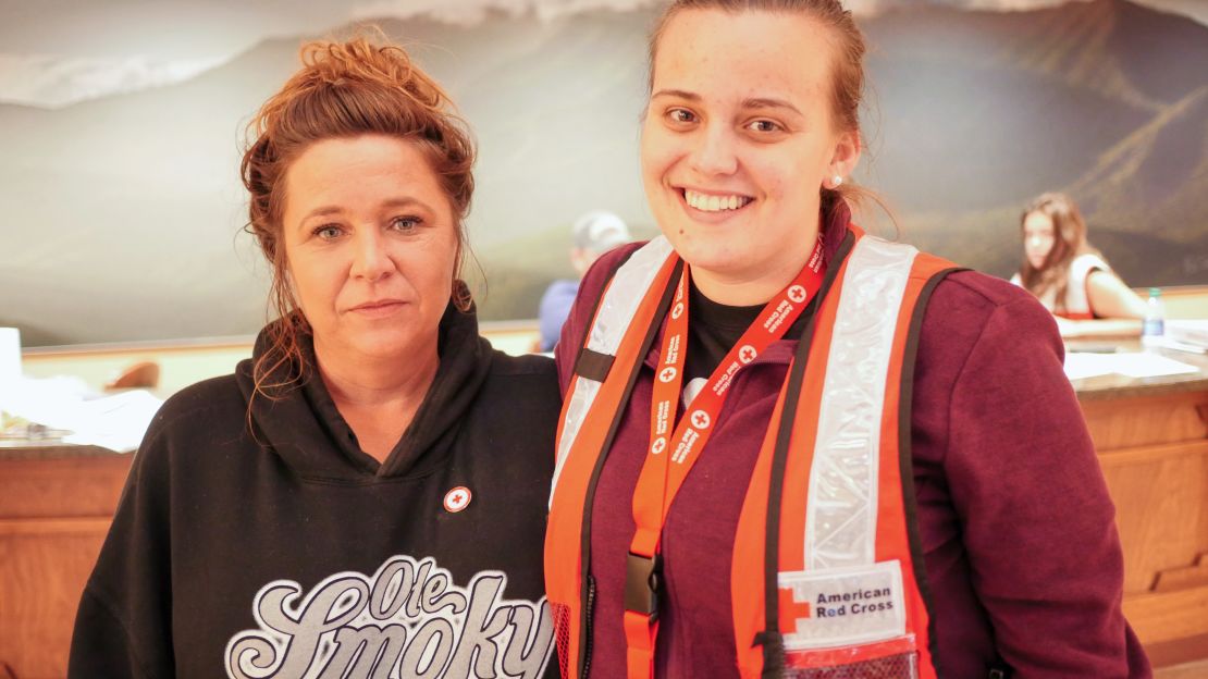 Stacy Humphrey, left, and Kellie Pellillo  have been volunteering since Monday at shelters in Pigeon Forge. 