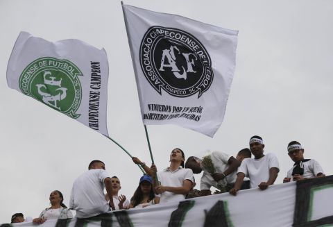 Fans of Atletico Nacional -- the Colombian team that Chapecoense was traveling to play -- pay tribute to the fallen players at a stadium in Medellin, Colombia, on November 30.