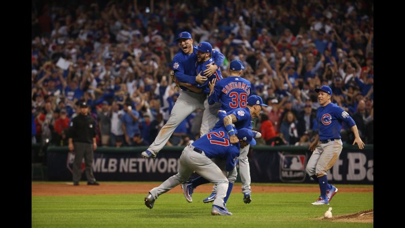 <strong>November 3:</strong> The Chicago Cubs celebrate <a href="http://www.cnn.com/2016/11/02/sport/world-series-game-7-chicago-cubs-cleveland-indians/" target="_blank">after winning Game 7 of the World Series.</a> The Cubs defeated the Cleveland Indians in 10 innings to end the longest championship drought in major US sports. The Cubs hadn't won the World Series since 1908.