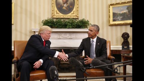 <strong>November 10:</strong> US President-elect Donald Trump shakes hands with President Barack Obama <a href="http://www.cnn.com/2016/11/10/politics/donald-trump-obama-paul-ryan-washington/" target="_blank">during a meeting at the White House.</a> "My No. 1 priority in the next two months is to try to facilitate a transition that ensures our President-elect is successful," Obama said.
