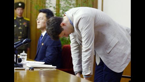 <strong>February 29: </strong>Otto Frederick Warmbier, an American college student detained in North Korea, bows during <a href="http://www.cnn.com/2016/02/28/asia/north-korea-otto-warmbier/" target="_blank">a news conference</a> in Pyongyang, North Korea. Warmbier was accused of trying to steal a political banner that was hanging from the walls of his Pyongyang hotel. In a video supplied to CNN, Warmbier was seen sobbing and pleading for forgiveness. Warmbier's parents asked the North Korean government to accept his apology and "consider his youth and make an important humanitarian gesture by allowing him to return to his loved ones." But in March, <a href="http://www.cnn.com/2016/03/16/asia/north-korea-warmbier-sentenced/" target="_blank">Warmbier was sentenced</a> to 15 years of hard labor.