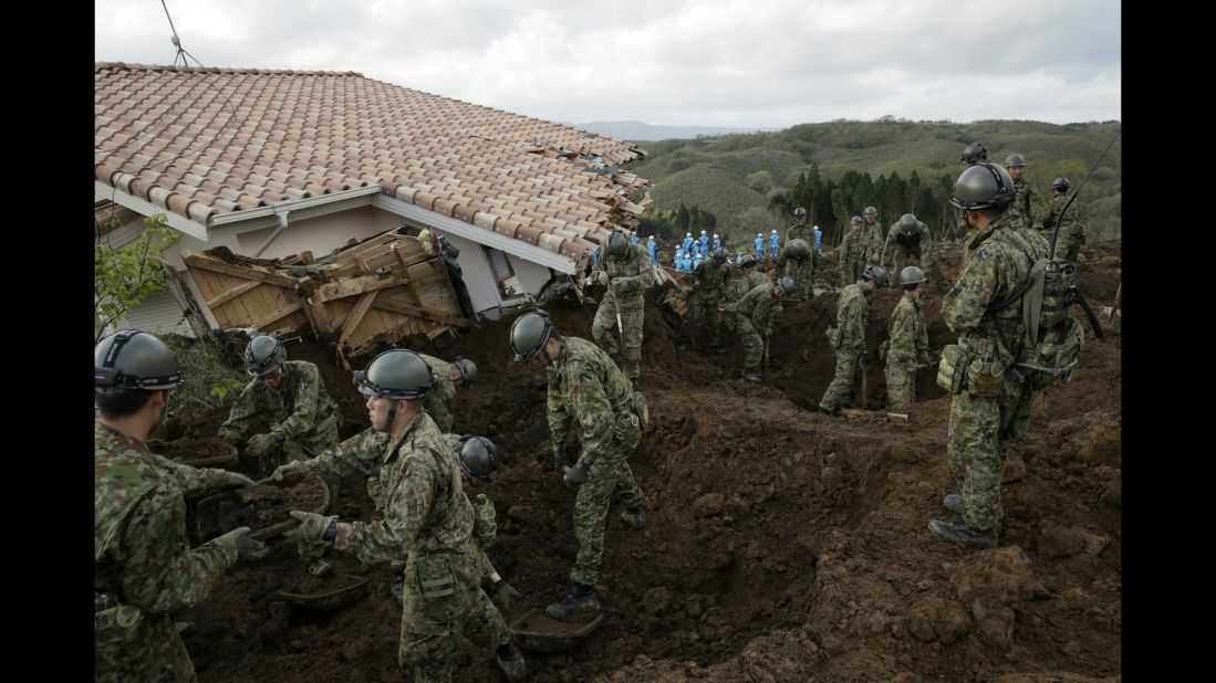 <strong>April 17:</strong> Rescue workers search for missing people after <a href="http://www.cnn.com/2016/04/16/asia/japan-earthquake/" target="_blank">a magnitude-7.0 earthquake</a> caused a landslide in Japan's Kumamoto Prefecture. A magnitude-6.2 quake rattled the area two days earlier.